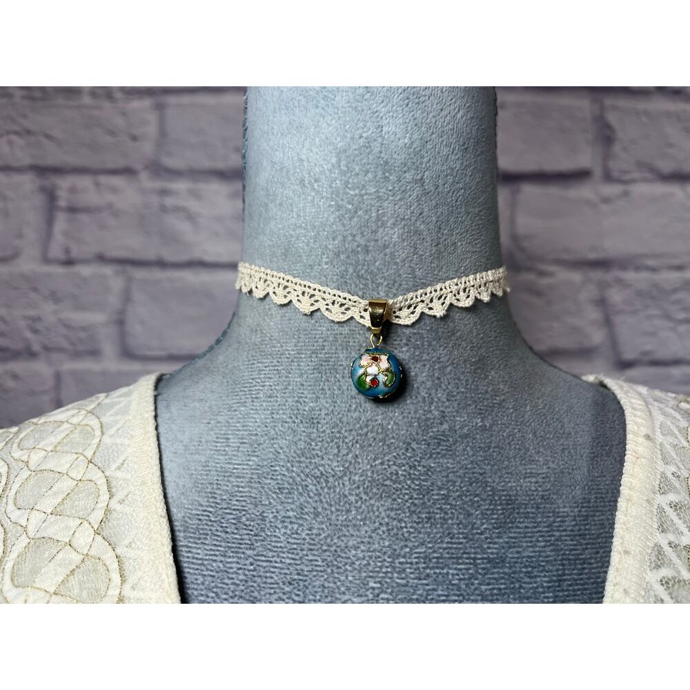 Handmade Delicate Crochet Lace Choker with Upcycled Petit Cloisonne Pendant - Picture 2 of 5
